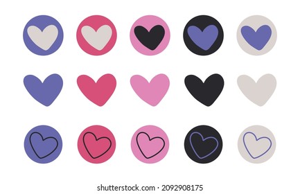 Set of cute heart icons in muted very peri color palette. Modern romantic hearts variety in purple and pink. Vector illustration of heart shaped objects. Sweet love elements concept for Valentines day