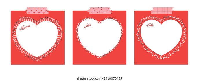 Set von süßen Herz Notizblock mit Band handgezeichnet Vektorgrafik für Valentinstag. Vorlagenpapier für Aufkleber, Memo. Cartoon-Stil. Einzeln auf Weiß.