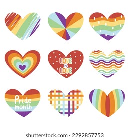 Set of cute heart in rainbow color on white backgorund.Pride month concept.Valentines day.Love is love.Heart cartoon hand drawn collections.Kawaii.Vector.Illustration.