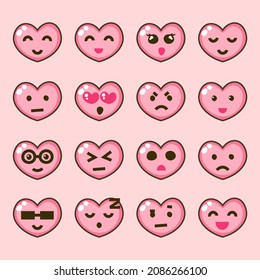 Set of cute heart shaped emoticons in doodle style. Pink emoji in the shape of hearts with different emotions. Kawaii emoji icons for chat, social media, greeting card. Smilies in cartoon style.