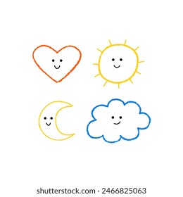 Conjunto de lindo corazón, sol, luna y nubes iconos con caras divertidas. Doodle Ilustraciones vectoriales en estilo peculiar de crayón