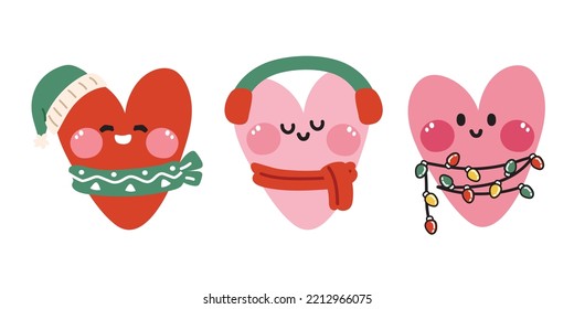 Set of cute heart in winter costume.Merry christmas concept.Cartoon hand drawn collection.Kawaii.Vector.Illustration.