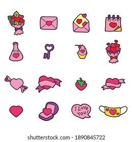 Set of cute hearts in a colored doodle style for printing, postcards, websites, notebooks, stickers. Illustration with envelopes, bouquets, sweets, cake, calendar