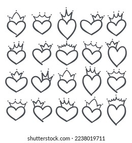 Set of cute hearts with crown icons
