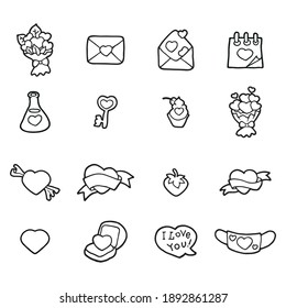 Set of cute hearts in a doodle style for printing, postcards, websites, notebooks, stickers. Illustration with envelopes, bouquets, sweets, cake, calendar.