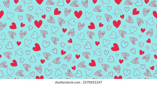 Set cute hearts, drawings. Repeating pattern. Hand drawn linear vector icons, doodle. Valentine's Day seamless background.
