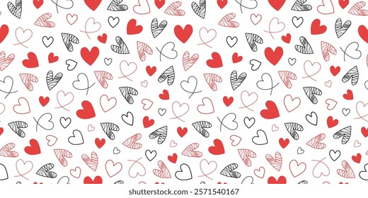Set of cute hearts, drawings. Repeating pattern. Hand drawn linear vector icons, doodle. Valentine's Day seamless background.