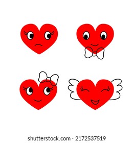 Set of cute hearts emoticon. Vector illustration, drawing in a flat, cartoon style. Sticker, decal