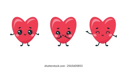 Set of cute hearts with kawaii eyes on white background. Design elements for valentine's day.