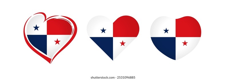 Set of cute hearts with Panaman flag inside. Collection of decorative labels. T shirt graphic logo. Souvenir design. Travel business branding icon. Tourism emblem. Isolated shape. I Love Panama city