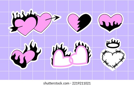 Un conjunto de pegatinas de corazones lindos. Ilustración vectorial. Concepto psicodélico Y2K. Estilo de los años 1900 y 1990. Llamas y corazones rotos. 