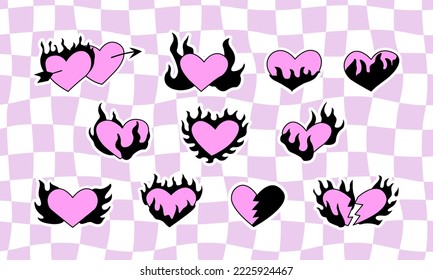 Un conjunto de pegatinas de corazones lindos. Ilustración vectorial. Concepto retro groovy Y2K. Estilo de los años 1900 y 1990. Llamas y corazones rotos. 