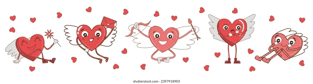 Set of cute hearts with wings on white background. Valentine's D