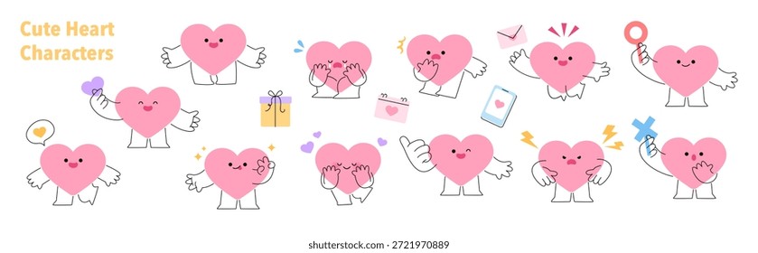 Set of cute heart-shaped characters with expressive emotions and hand gestures. Perfect for social media, stickers, positive messages, Valentine’s Day, and emotional wellness content.