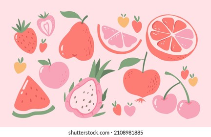 Set of cute heart-shaped fruits. Collection of love vector elements for decorating cards, scrapbook, poster, cover, etc. Valentine's Day concept illustration.