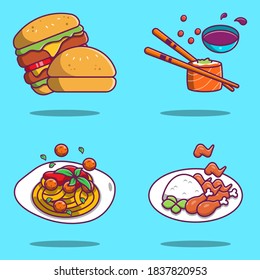 Set of cute heavy meal illustrations, spaghetti, sushi, hamburger and fried chicken