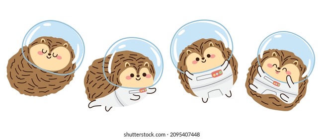 Set of cute hedgehog astronaut cartoon on white background.Animal character design.Image for card,poster,banner.Space concept.Pet.Isolated.Kawaii.Vector.Illustration.