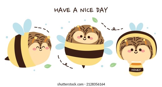 Set Of Cute Hedgehog In Bee Costume On White Background.Animals Cartoon Character Design.Pet.Honey.Leaf.Spring Season.Kawaii.Vector.Illustration.