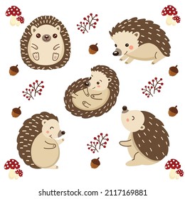 Set of cute  hedgehog cartoon in various poses.