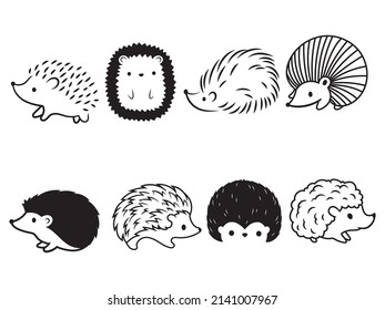 Set of cute hedgehog. Collection of adorable hedgehog with on his back. Spiny mammal. Forest animals. Vector illustration for children.