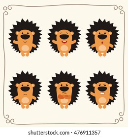 Set of cute hedgehog in different emotions in cartoon style.