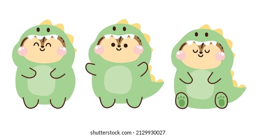 Set of cute hedgehog in dinosaur costume cartoon.Animals character design in various poses.Wild.Kawaii.Isolated.Vector.Illustration. 