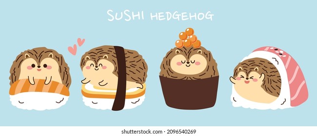 Set of cute hedgehog sushi cartoon on blue background.Animals character design.Image for card,poster,print.Isolated.Japanese food.Kawaii.Vector.Illustration.