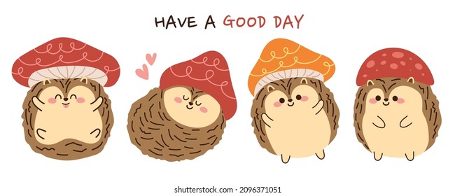 Set of cute hedgehog wear mashroom hat costume.Animals character cartoon design.Happy.Image for card,poster,banner,print,screen.Pet.Isolated.Vector.Illustration