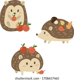 Set of cute hedgehogs with apples. Vector illustration.