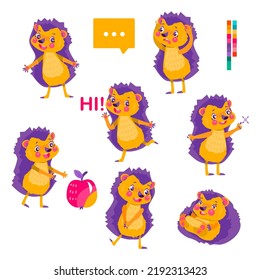 Set of cute hedgehogs.  Character design. Can be used for branding, graphic design, product for children, stickers for social network. Isolated vector  illustration on white background.