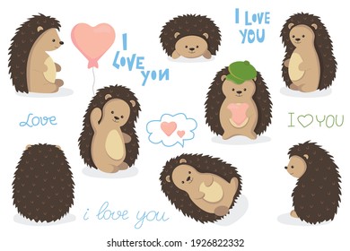 Set of cute hedgehogs in a flat style. Beautiful cartoon hedgehogs in different poses isolated on white background. Can be for graphics, prints, banners, stickers and postcards.
Vector illustration.