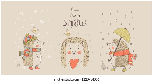 Set of Cute Hedgehogs with Hand drawn vector illustration.