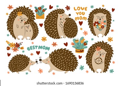 Set of cute hedgehogs for mother's day. Hedgehog moms hug their kids. The collection is perfect for greeting cards and posters.