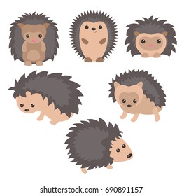 Set of cute hedgehogs on white background.