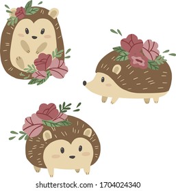Set of cute hedgehogs with pink flowers. Vector illustration.