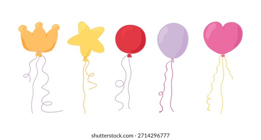 Set of cute helium balloons. Collection of ballons different shapes. Decor for Valentine's day, weddings, bachelorette and girls birthday party. Vector illustration isolated