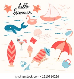 Set of cute hello summer sea and beach objects. Yacht, lounge chair, surf, umbrella, jellyfish, whale, cocktail and flamingo. Picnic party vector elements.