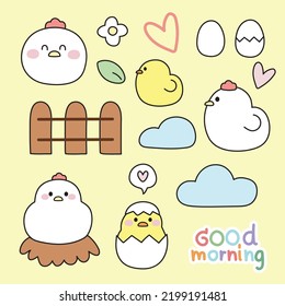 Set of cute hen and chicken cartoon hand drawn on yellow background.Farm animal character design collection.Good morning text.Kawaii.Vector.Illustration
