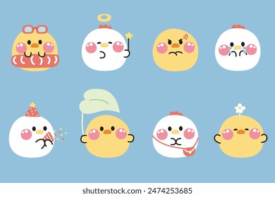 Set of cute hen and chicken round shape pastel in various poses and feeling background.Farm bird animal character cartoon design collection.Kawaii.Vector.illustration.