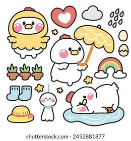 Set of cute hen in rainy season concept.Farm chicken animal character cartoon design collection.Egg,heart,cloud,rain,hat hand drawn.Kawaii.Vector.Illustration.