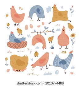 Set of cute hens. Happy chickens is walking with eggs and grains. Farm birds in summer, cartoon animals in different funny poses. Hand drawn collection, colorful flat illustration isolated on white .