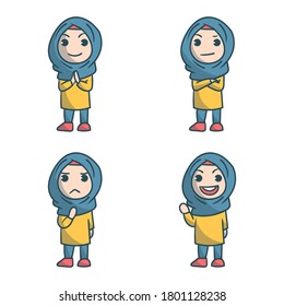 set of cute hijab girl character with optional apprearance. premium kawaii vector