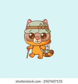 set Cute hiking raccoon camp kawaii chibi character mascot illustration outline style design