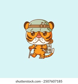 set Cute hiking tiger  camp kawaii chibi character mascot illustration outline style design