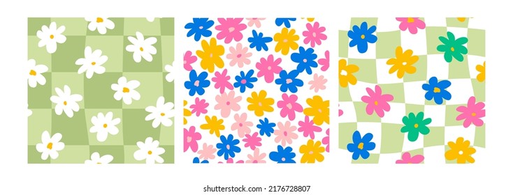 Set of cute hippie and groovy seamless patterns with colorful daisy flowers and distorted cage. Fashionable background in 00s, 90s, y2k style. 