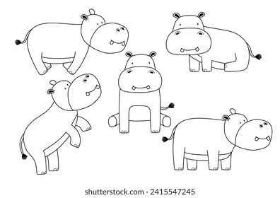 Set of cute hippo animal doodle hippo in many poses.