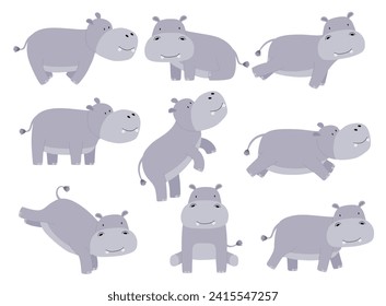  Set of cute hippo in many poses.