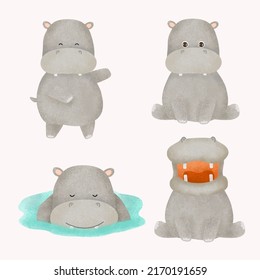 Set of cute hippo in various gesture in watercolor painting on white background for postcard design, vector illustration