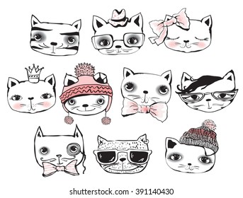 Set of cute hipster hand drawing cats