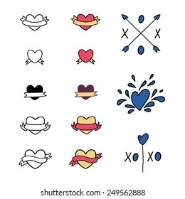A set of cute hipster ribbons and hearts, hand drawn doodles